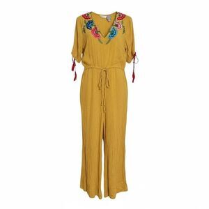ASOS Embroidered V-Neck Drawstring Tassel Wide Leg Jumpsuit Yellow Red Size 4